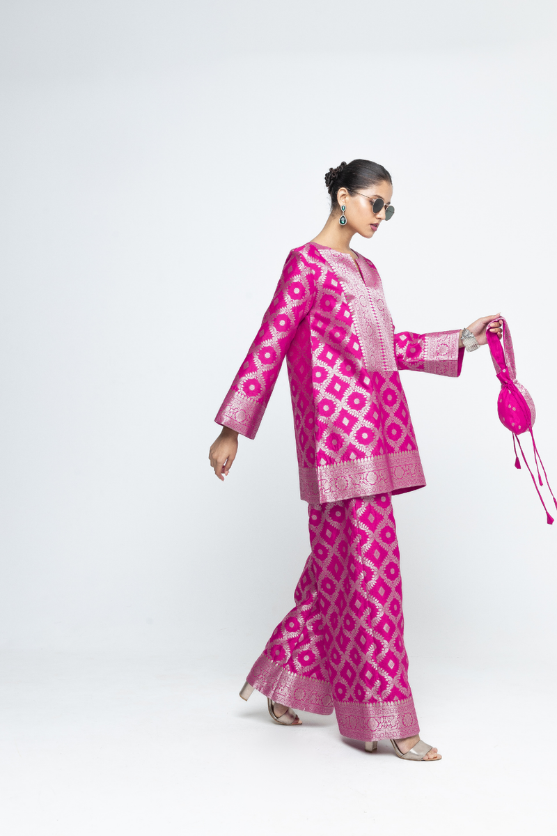Heera - Brocade Jaal Kurta with Pants - Pink