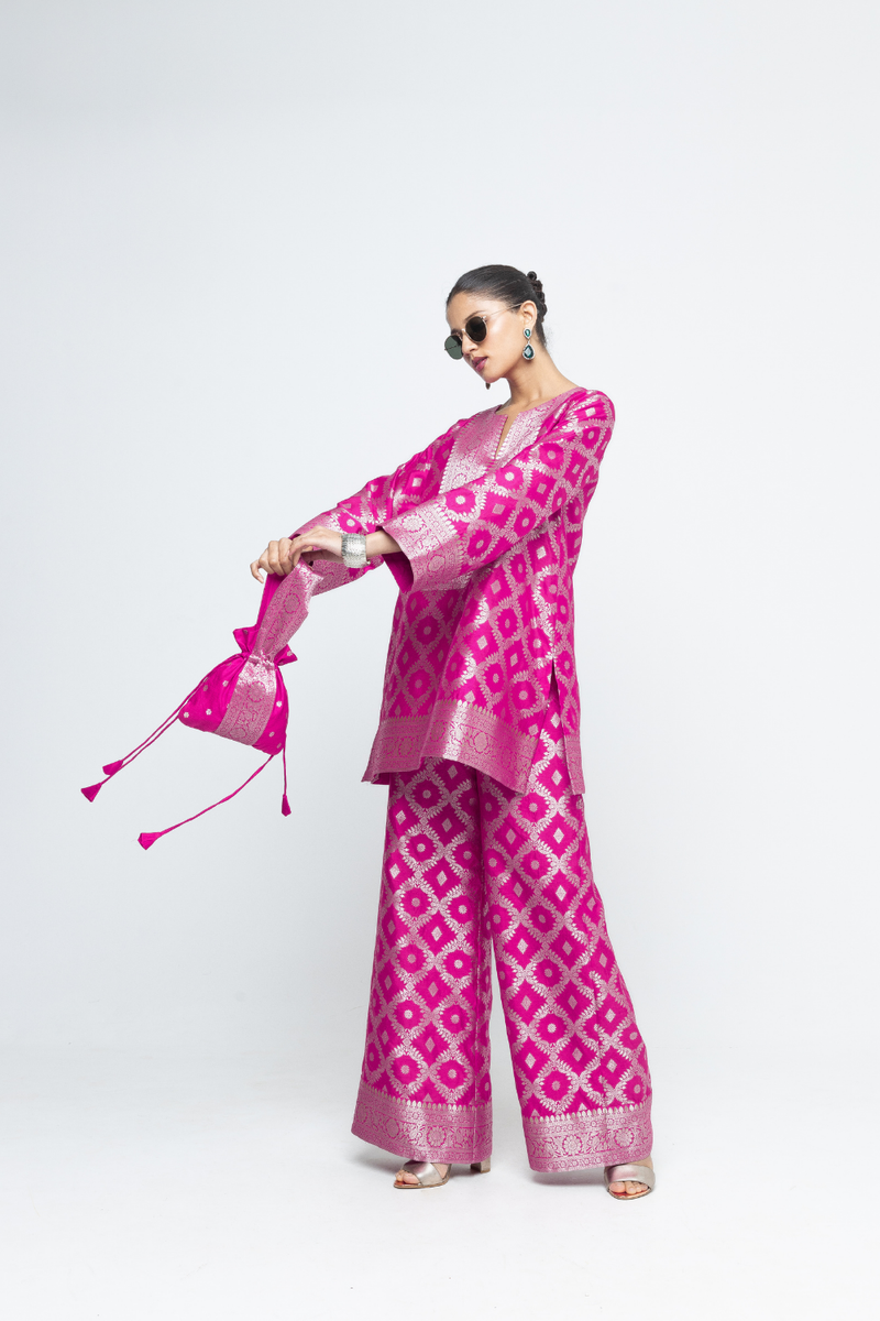 Heera - Brocade Jaal Kurta with Pants - Pink