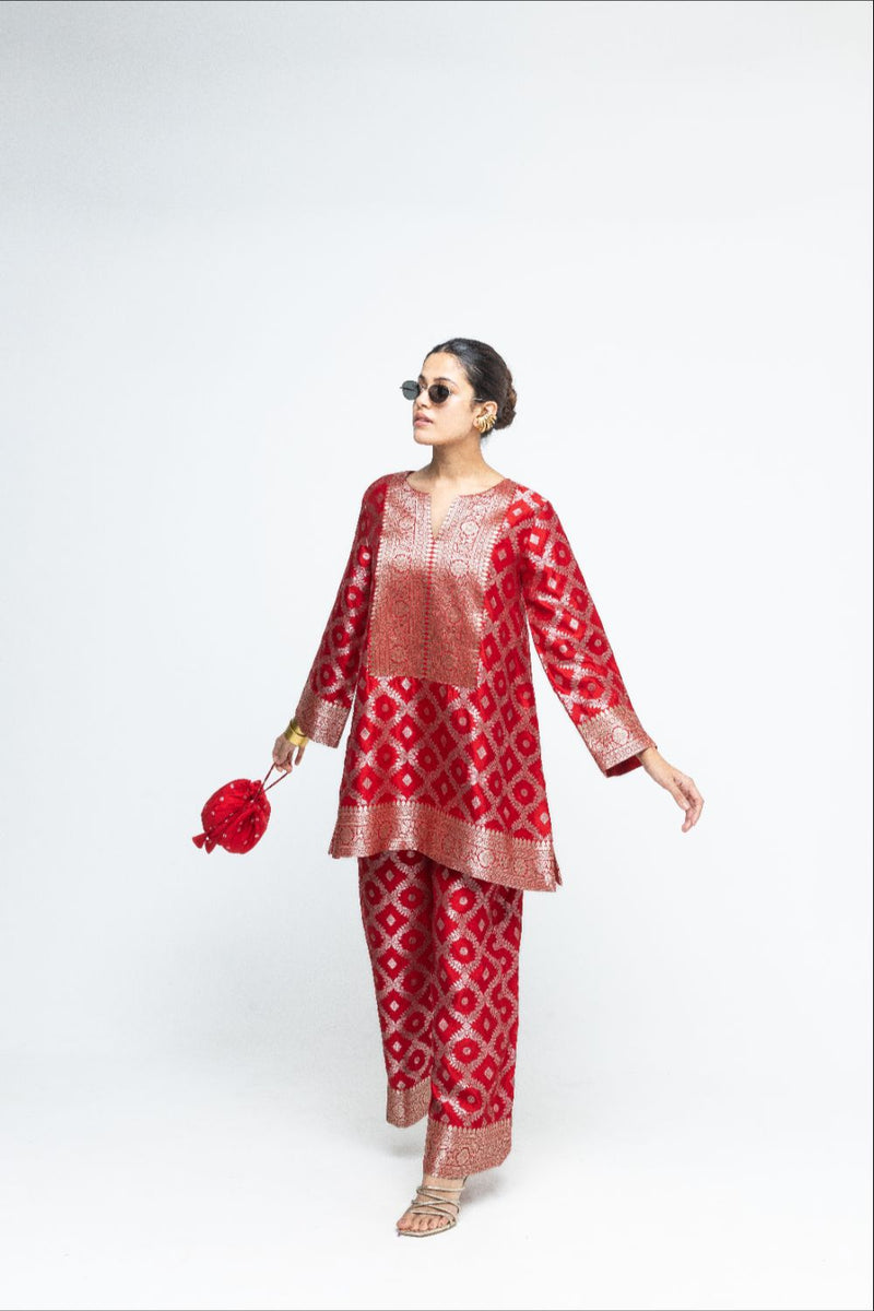 Heera - Brocade Jaal Kurta with Pants - Red