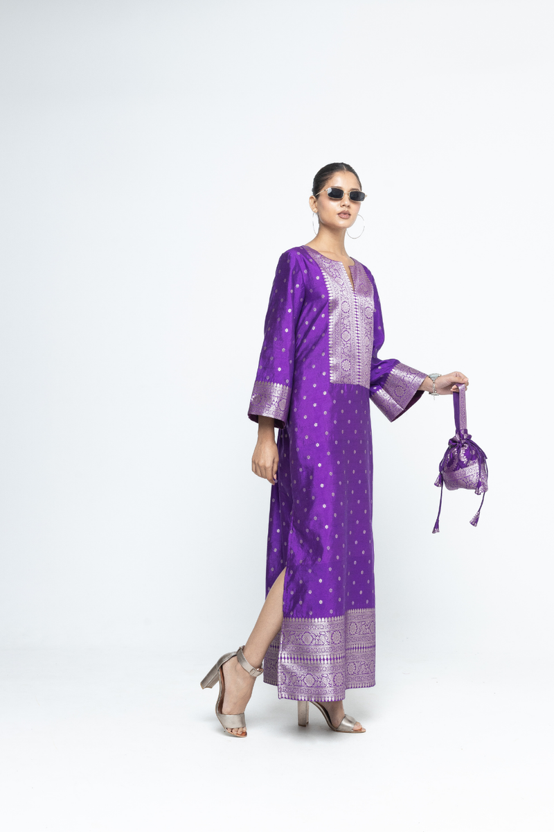 Nats - Statement Silk Kaftan with Brocade detail - Purple