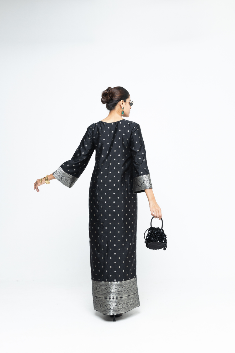 Nats - Statement Silk Kaftan with Brocade detail - Black