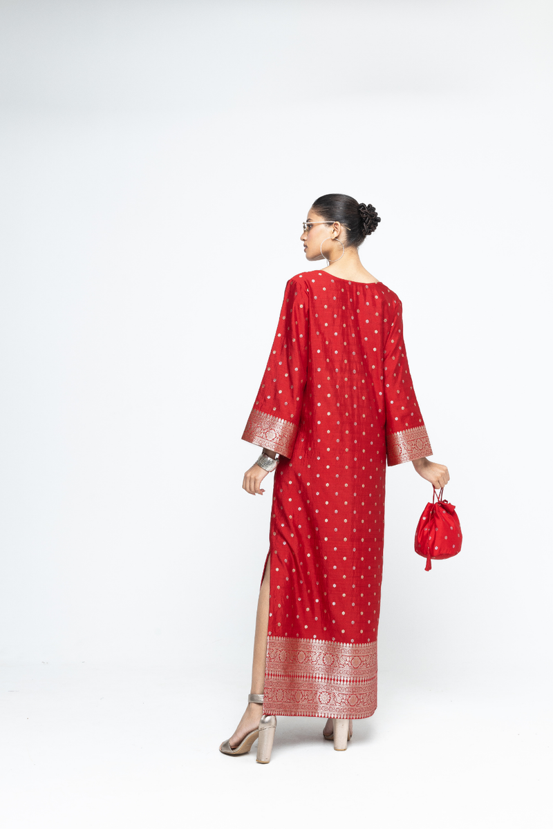 Nats - Statement Silk Kaftan with Brocade detail - Red