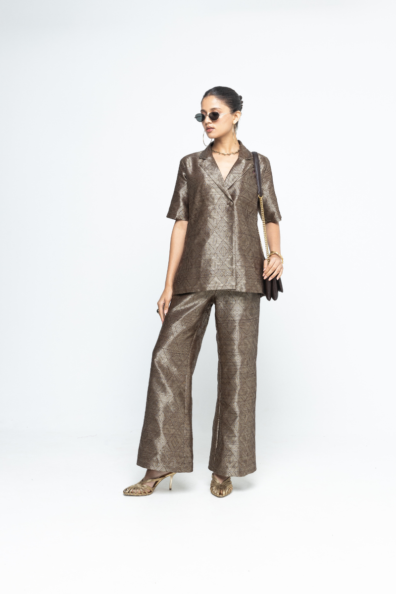 Metallic Brown Wrap Blazer Set - Gold Brown