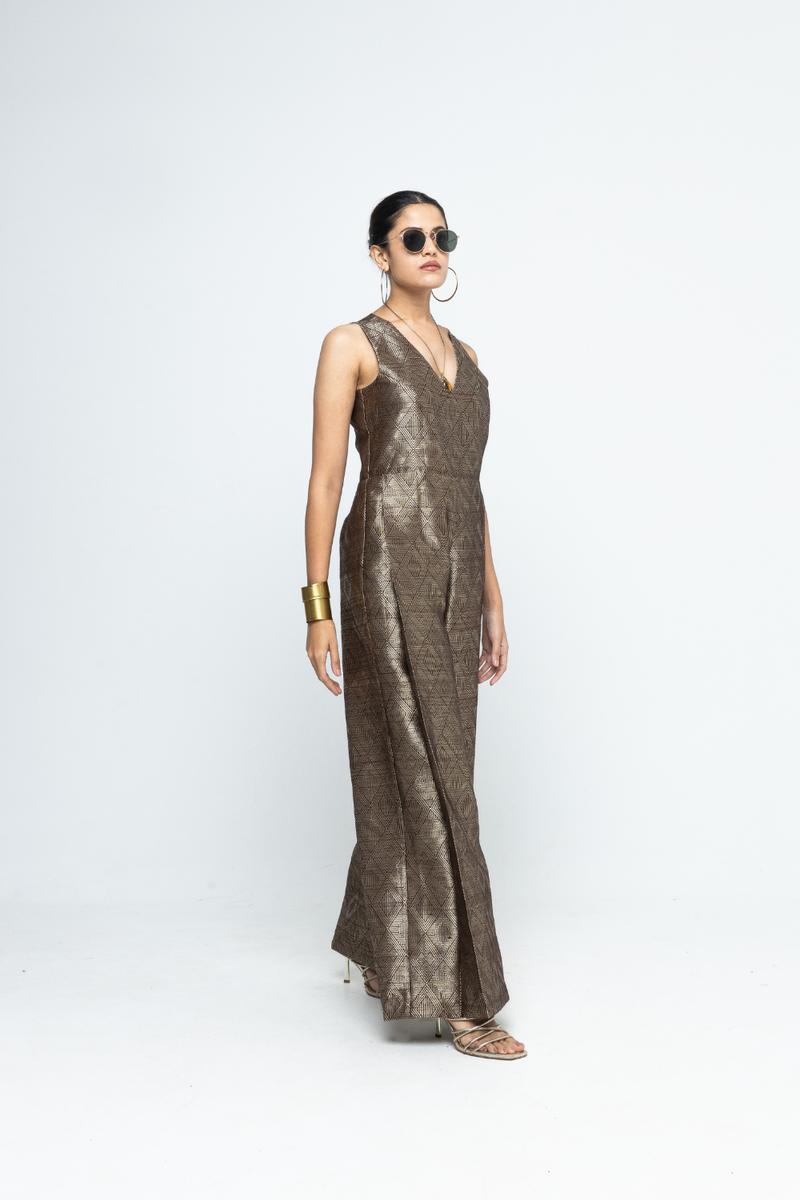 Sera - Brown Metallic Jumpsuit - Gold Brown
