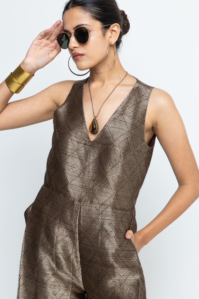 Sera - Brown Metallic Jumpsuit - Gold Brown