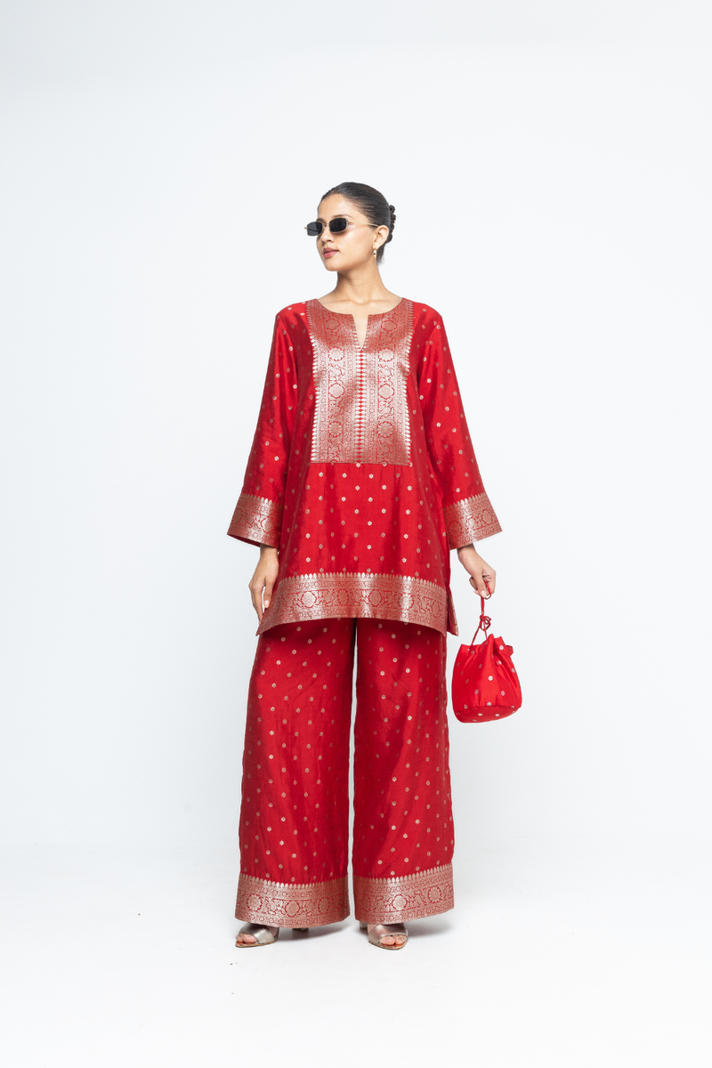 Mehak -  Red Butti Brocade Kurta with Pants - Red
