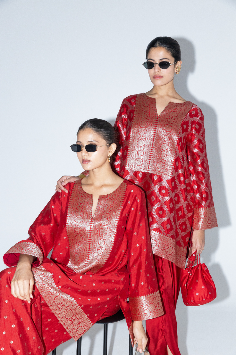 Mehak -  Red Butti Brocade Kurta with Pants - Red