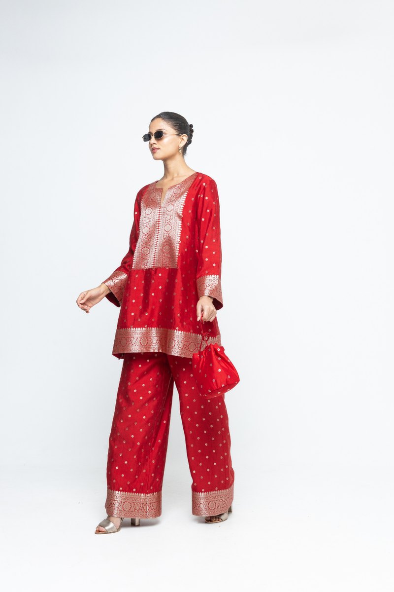Mehak -  Red Butti Brocade Kurta with Pants - Red
