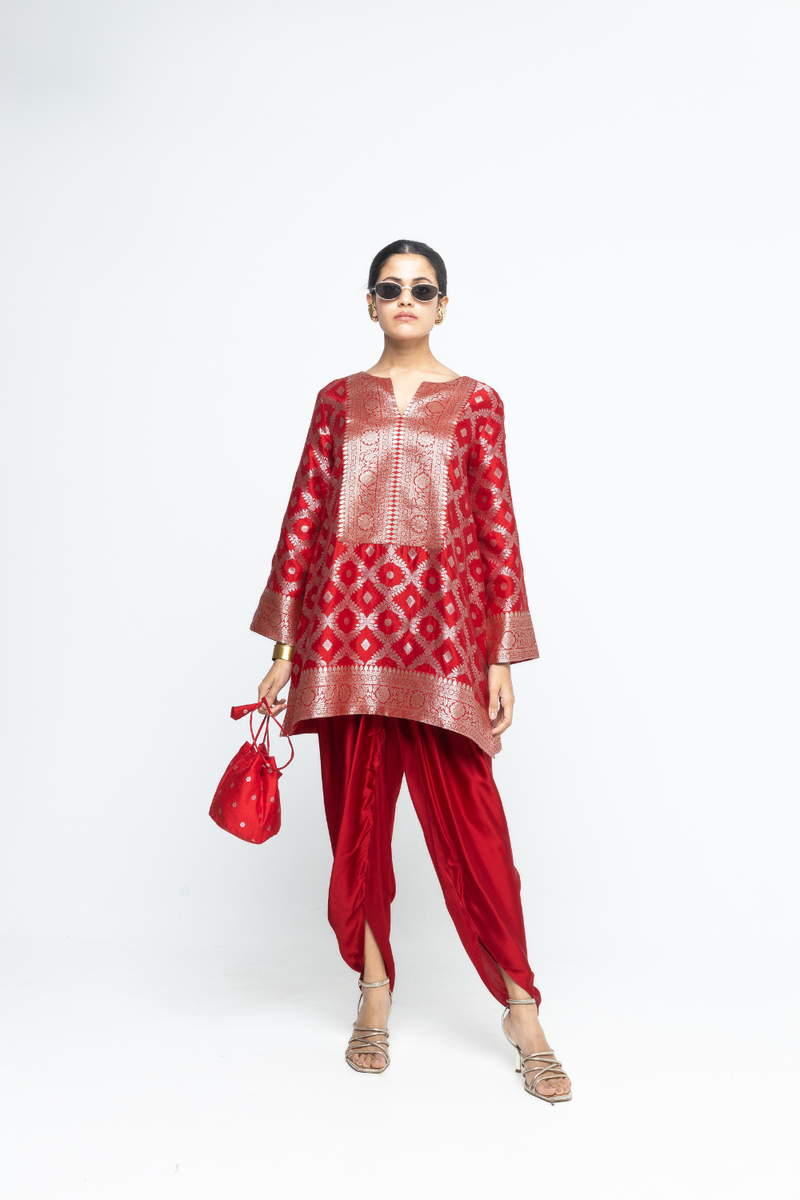Heer - Red Brocade Jaal Kurta with Dhoti - Red
