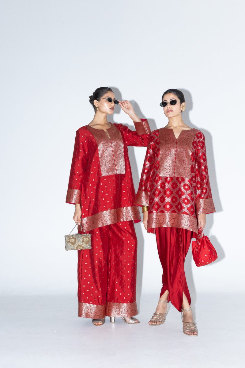 Heer - Red Brocade Jaal Kurta with Dhoti - Red