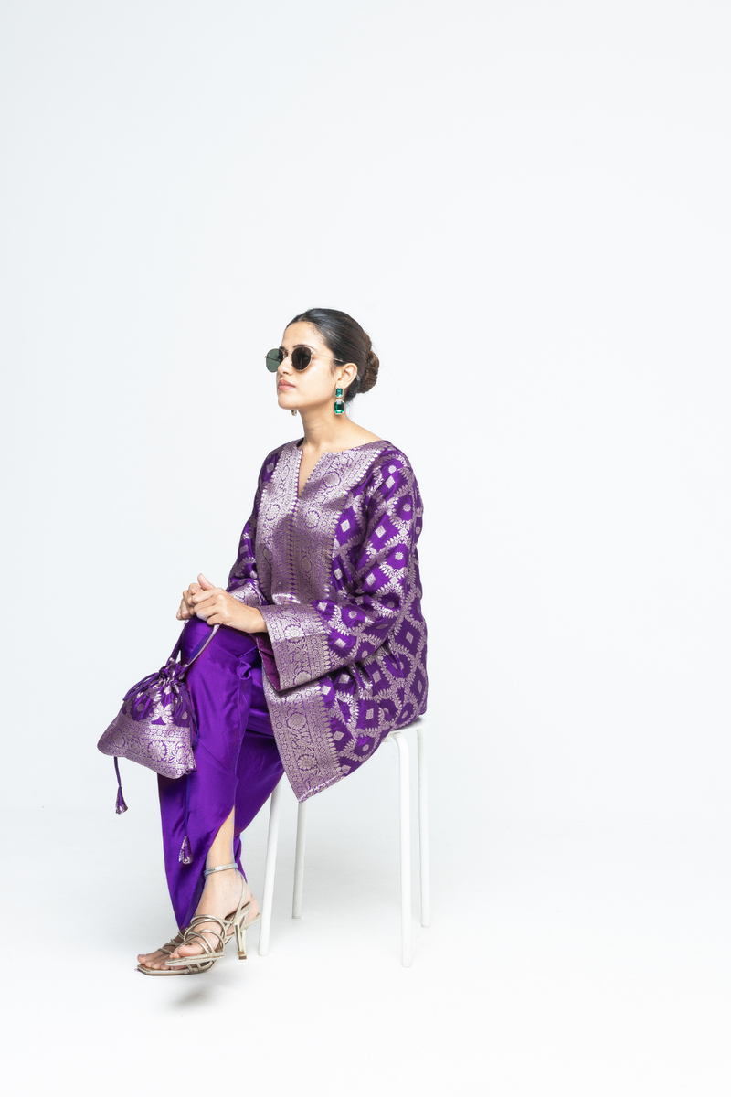 Heer - Purple Brocade Jaal Kurta with Dhoti - Purple