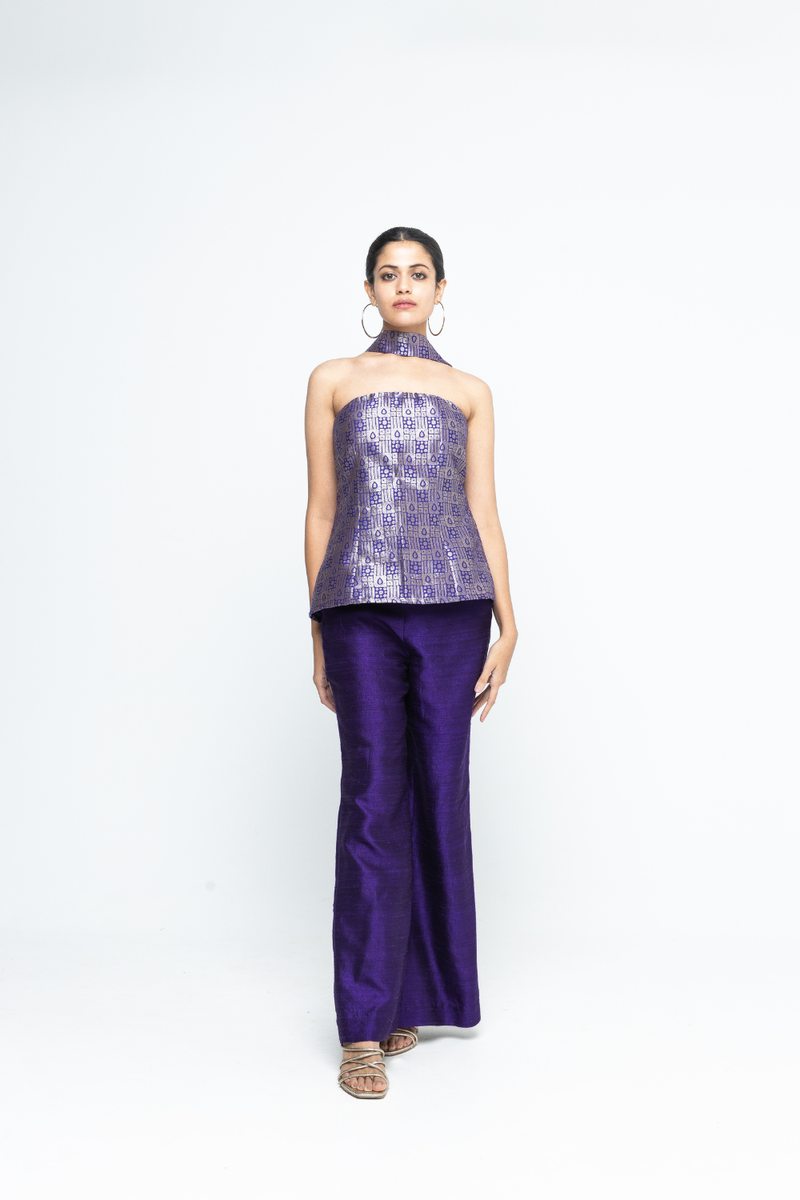 Dela - Strapless Brocade Top and Pants - Purple