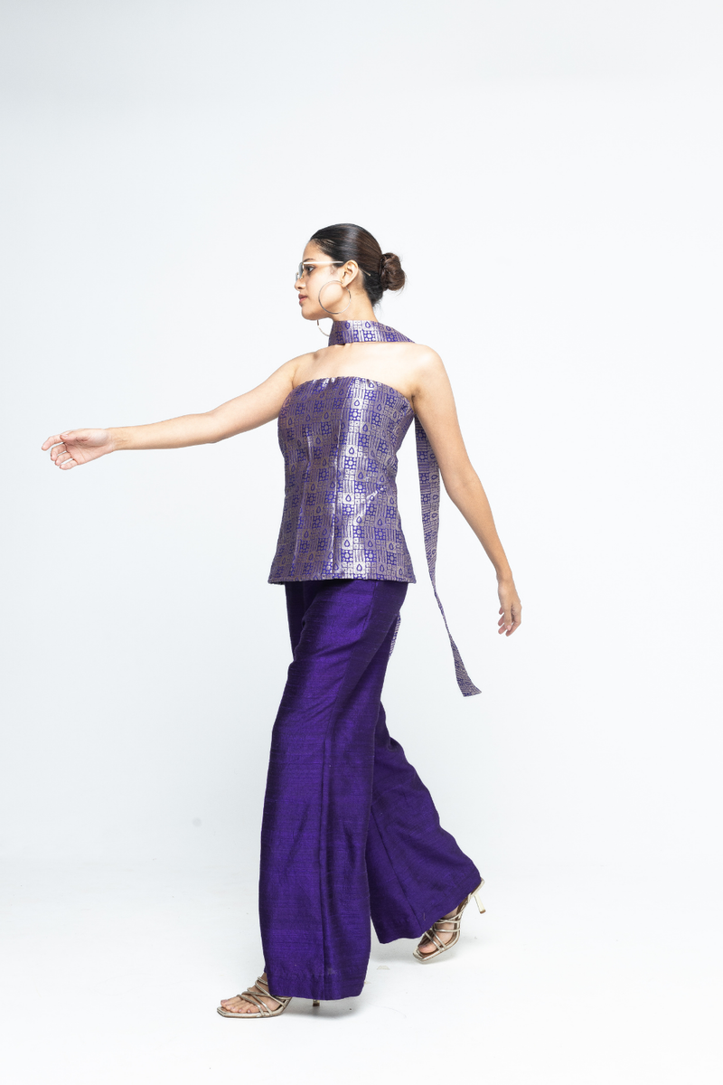Dela - Strapless Brocade Top and Pants - Purple