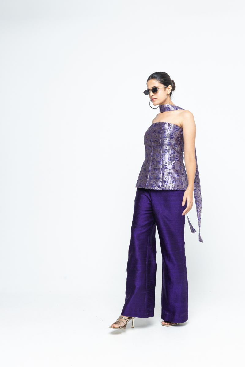 Dela - Strapless Brocade Top and Pants - Purple