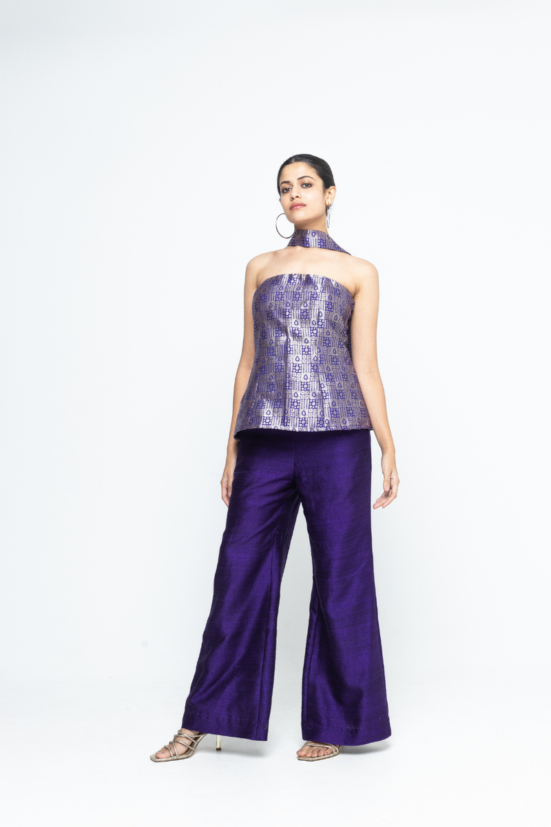 Dela - Strapless Brocade Top and Pants - Purple