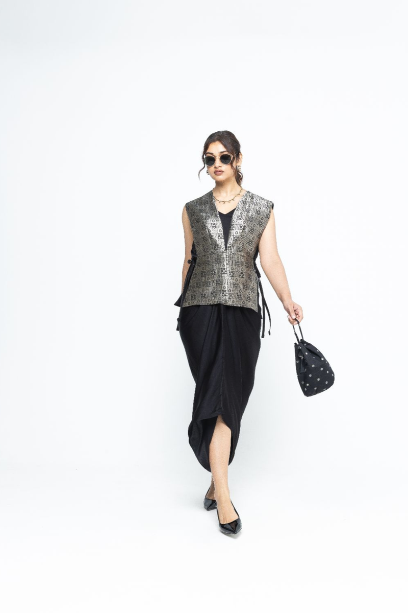 Alia - Brocade Gilet paired with Assymetrical Dress - Black