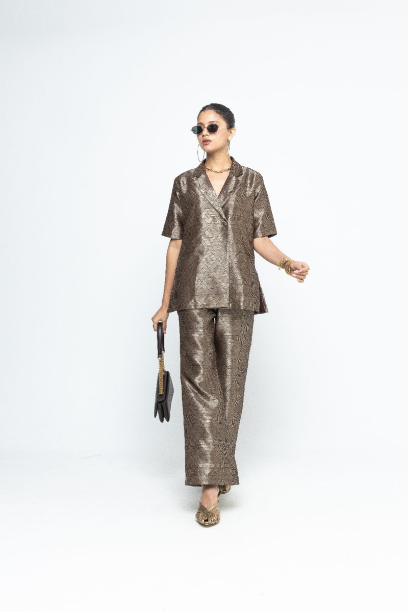 Metallic Brown Wrap Blazer Set - Gold Brown
