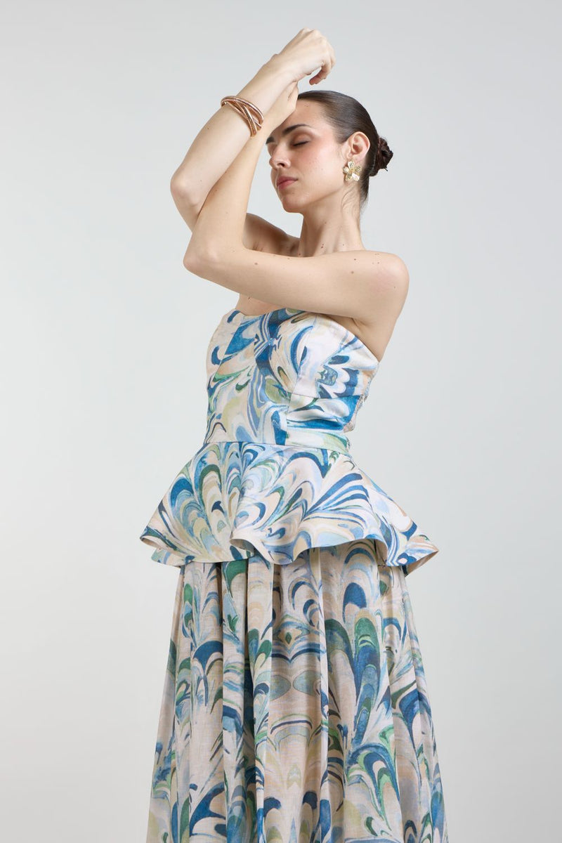 Penelope Peplum Skirt Set linen co-ord set by SOBARIKO in beige for women in Singapore