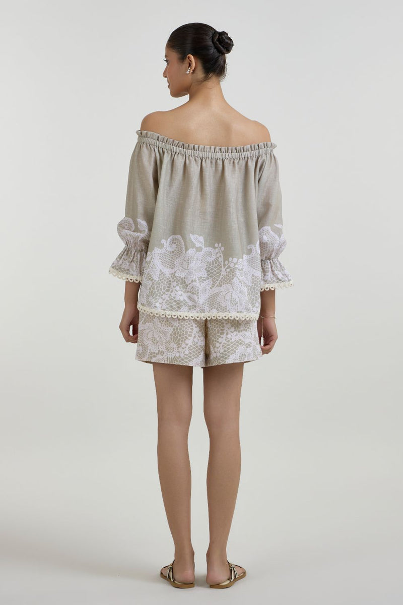 Lucy Off -Shoulder Set linen co-ord set by SOBARIKO in khaki for women in Singapore