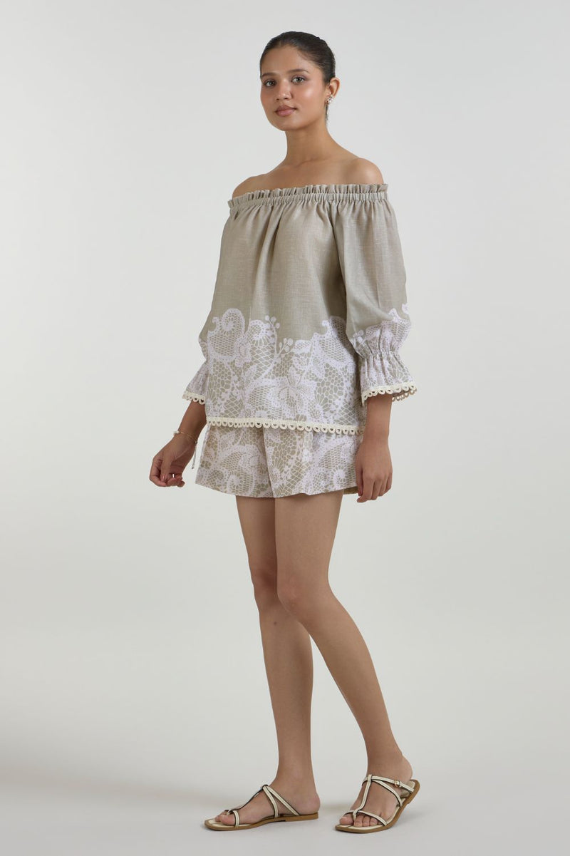 Lucy Off -Shoulder Set linen co-ord set by SOBARIKO in khaki for women in Singapore