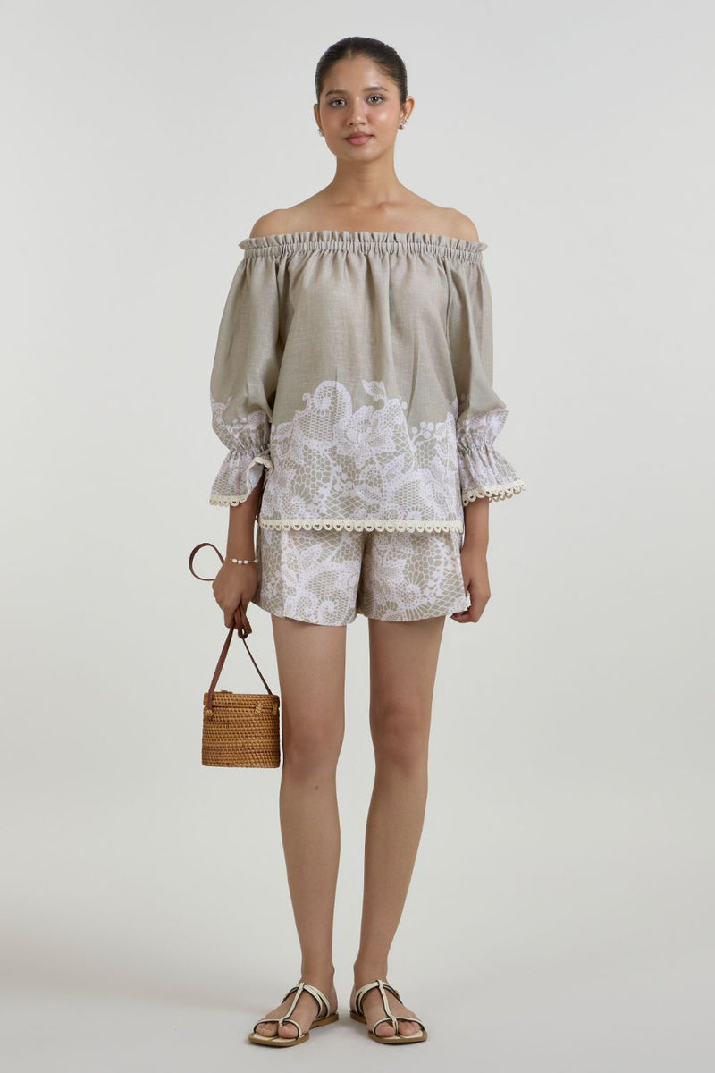 Lucy Off -Shoulder Set linen co-ord set by SOBARIKO in khaki for women in Singapore