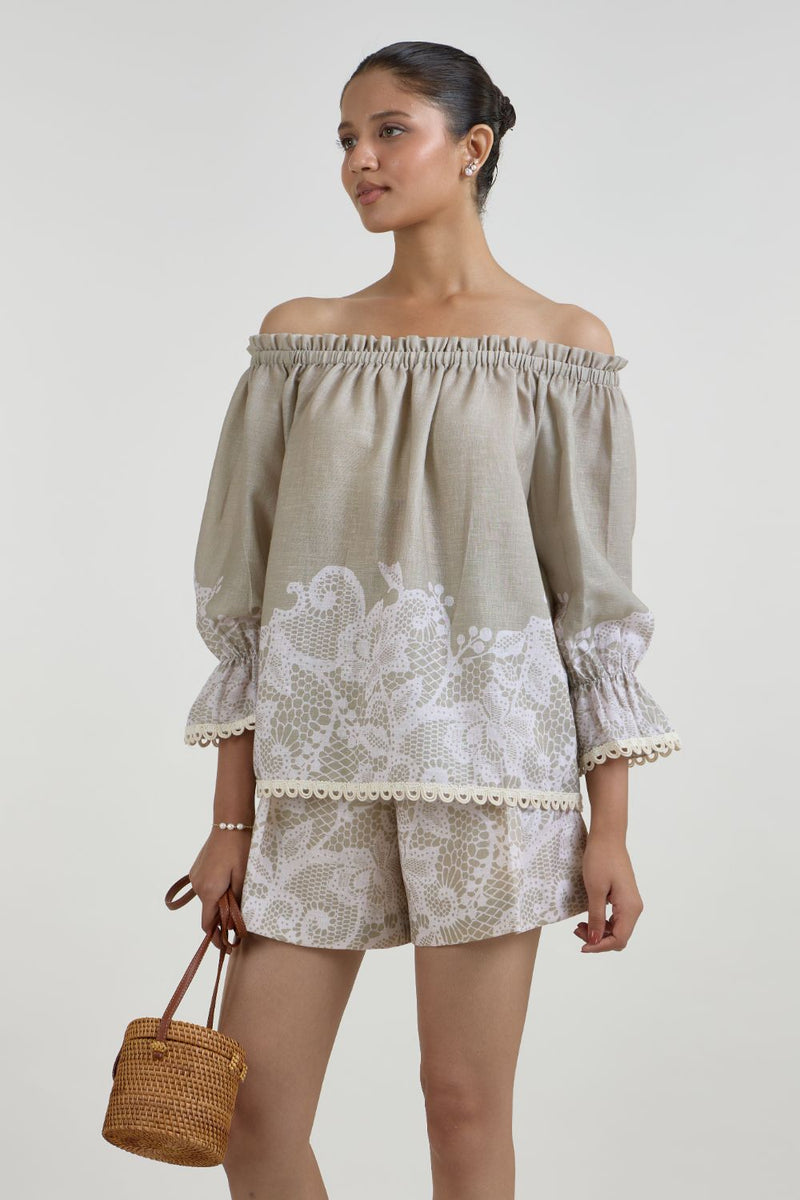 Lucy Off -Shoulder Set linen co-ord set by SOBARIKO in khaki for women in Singapore