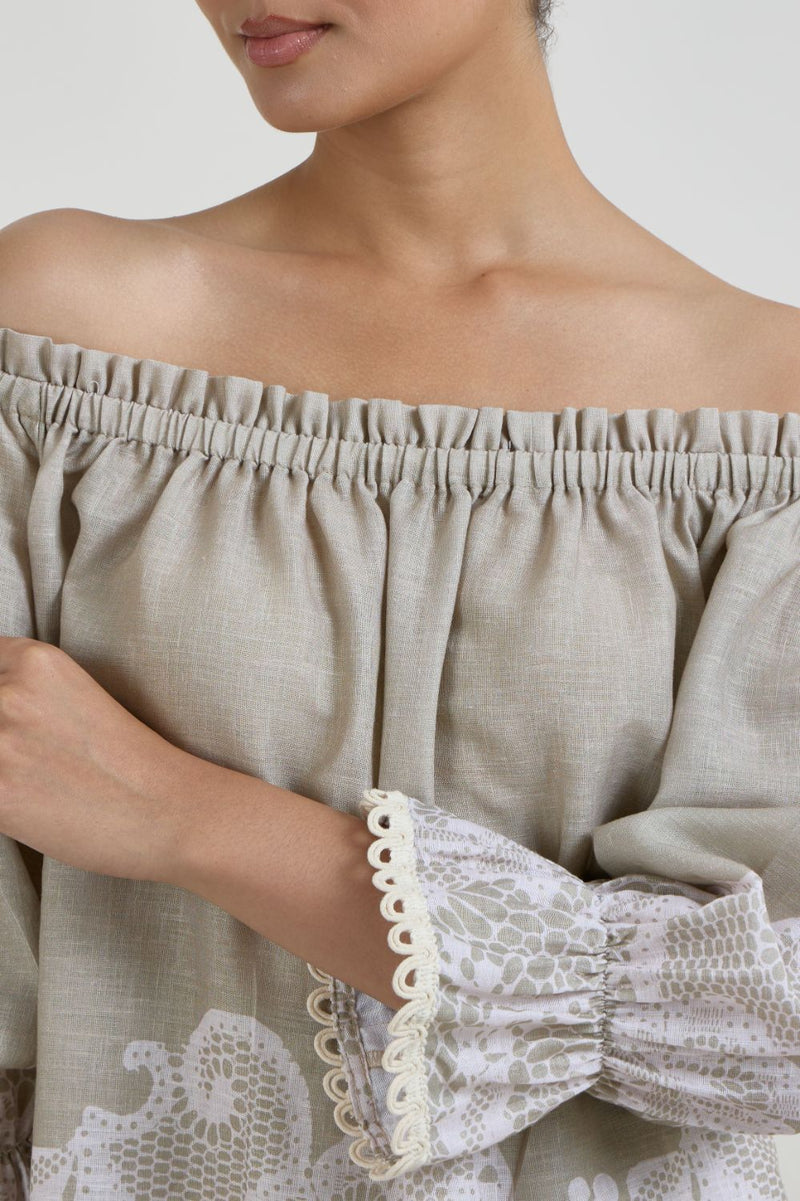 Lucy Off -Shoulder Set linen co-ord set by SOBARIKO in khaki for women in Singapore