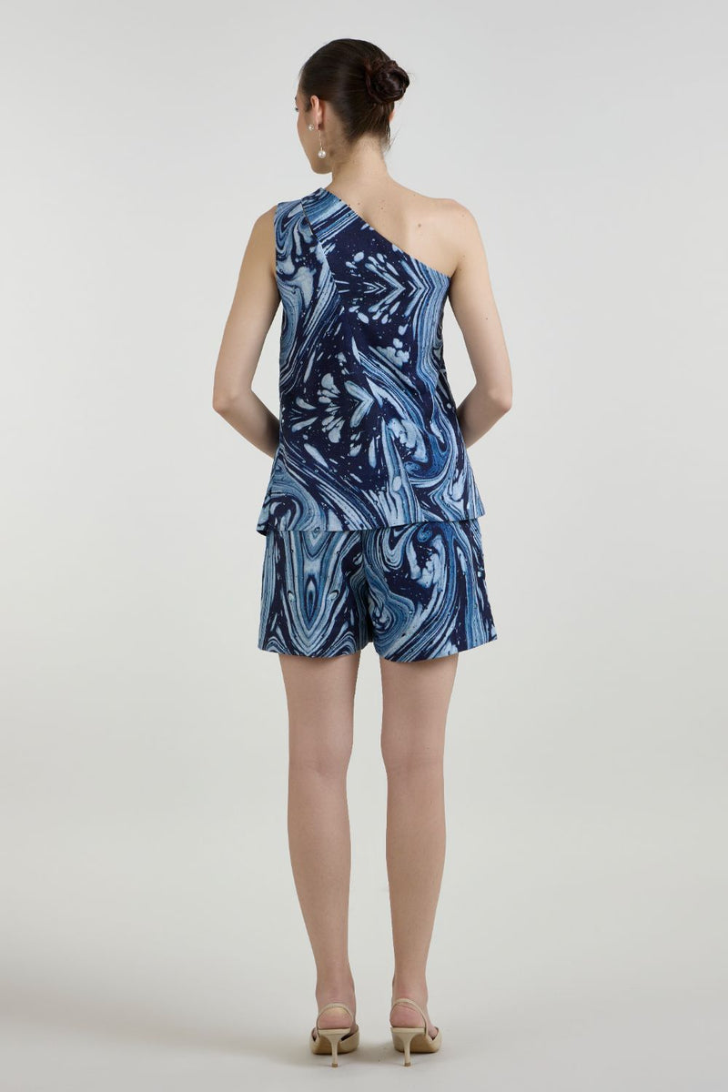 Marbela One Shoulder Waistcoat set linen co-ord set by SOBARIKO in blue for women in Singapore