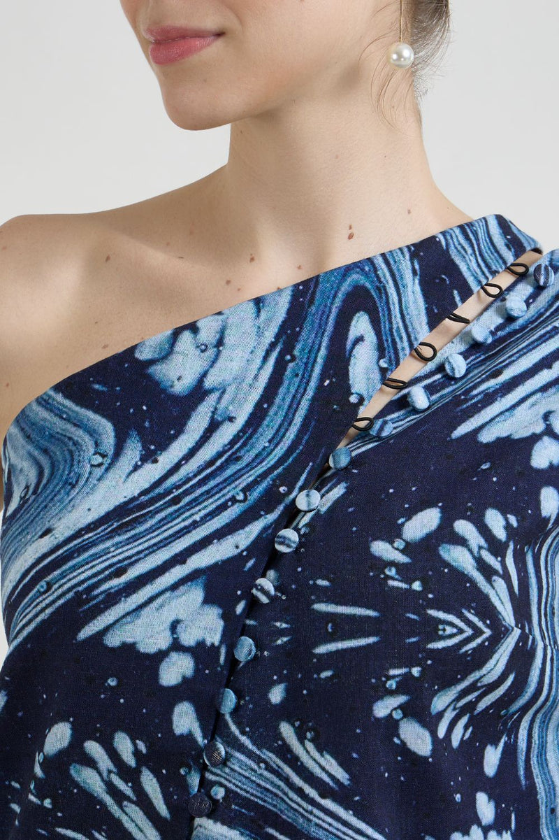 Marbela One Shoulder Waistcoat set linen co-ord set by SOBARIKO in blue for women in Singapore