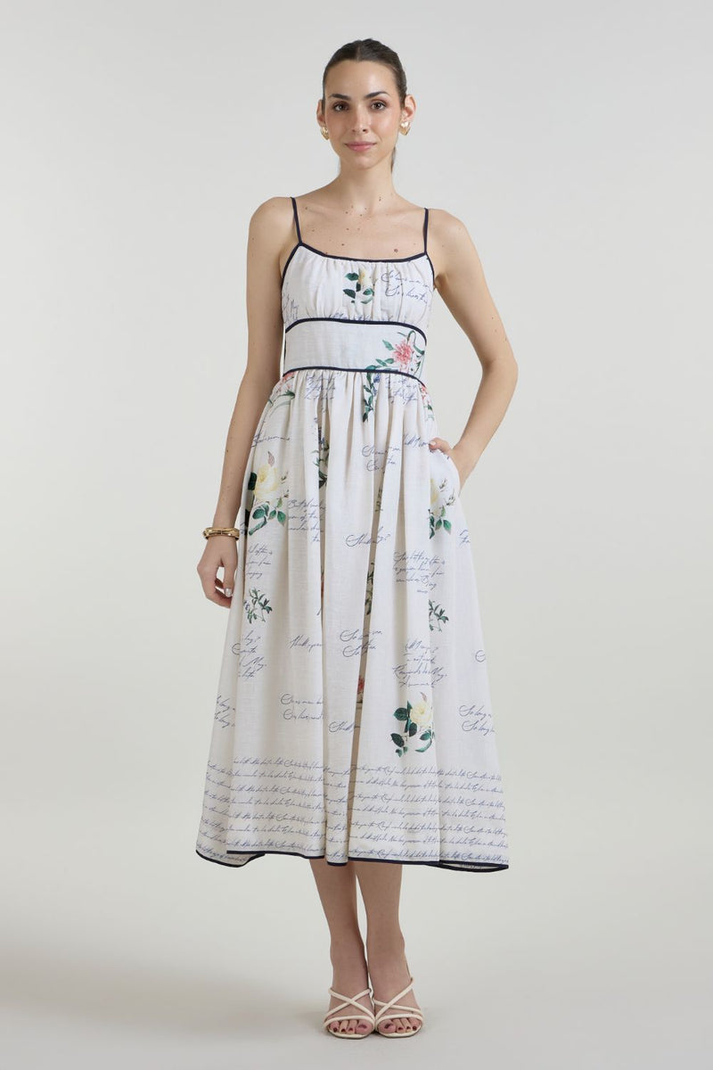 Poetry Strappy Midi dress linen dress by SOBARIKO for women in Singapore