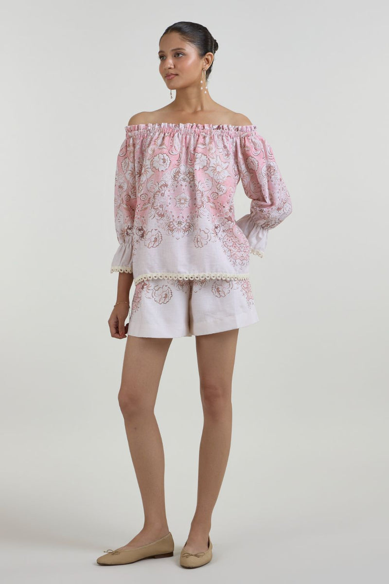 Anna Off Shoulder Set linen co-ord set by SOBARIKO in pink for women in Singapore