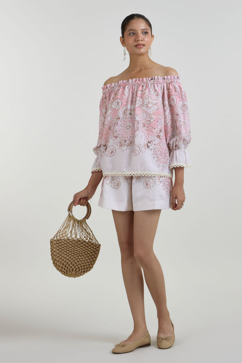 Anna Off Shoulder Set linen co-ord set by SOBARIKO in pink for women in Singapore