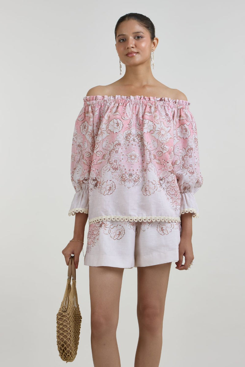 Anna Off Shoulder Set linen co-ord set by SOBARIKO in pink for women in Singapore