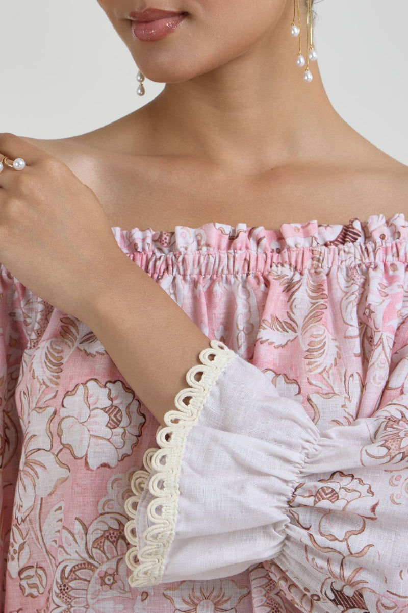 Anna Off Shoulder Set linen co-ord set by SOBARIKO in pink for women in Singapore