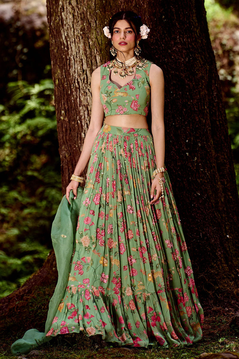 Soleil Lehenga Set georgettte by Paulmi & Harsh-kahan Sep'26 in green for women in Singapore