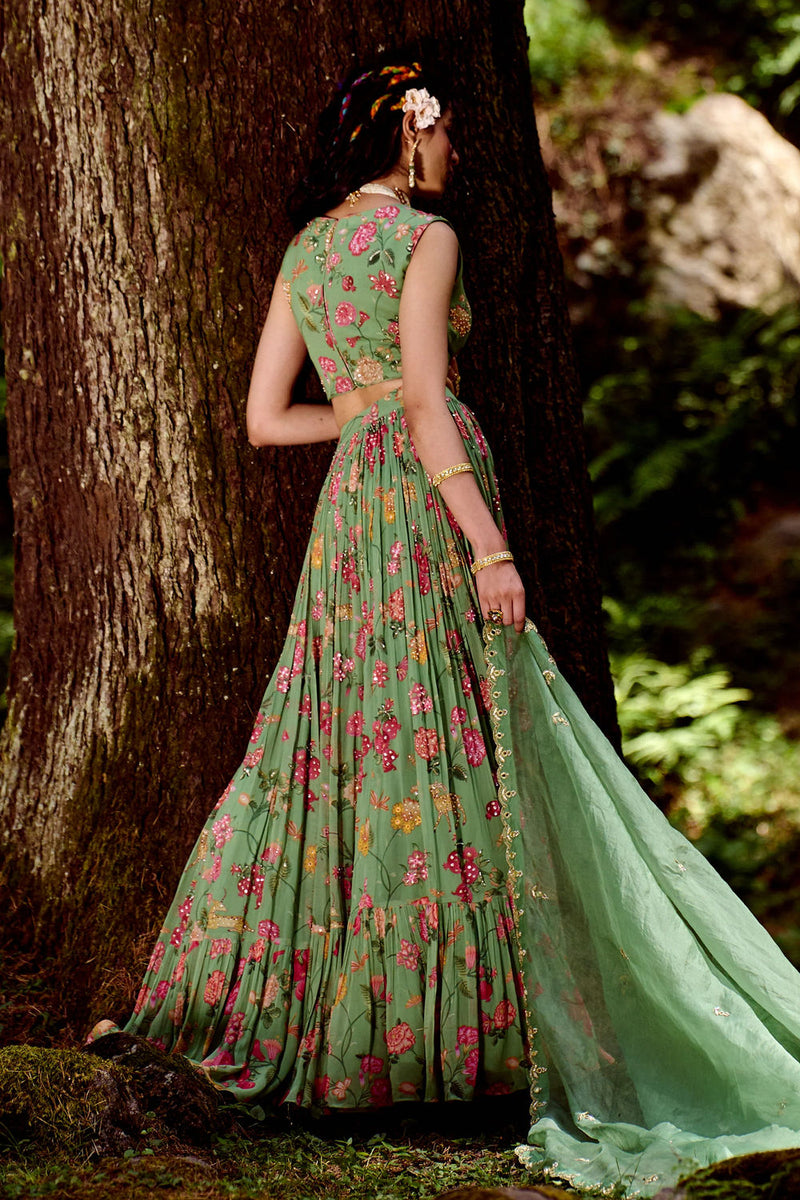 Soleil Lehenga Set georgettte by Paulmi & Harsh-kahan Sep'26 in green for women in Singapore