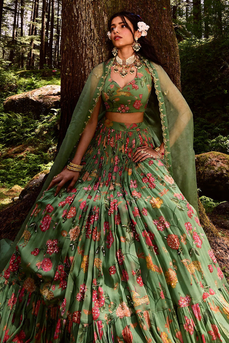 Soleil Lehenga Set georgettte by Paulmi & Harsh-kahan Sep'26 in green for women in Singapore