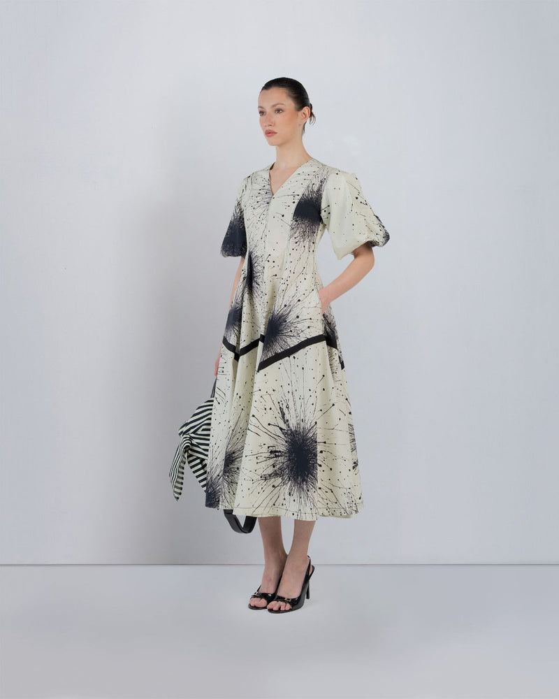 SPLATTER THALIA DRESS - Black + Ivory dress by Leh Studios in ivory for women in Singapore