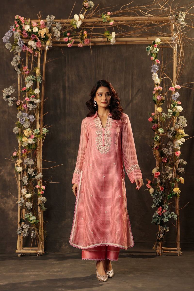 Vaayu Pink Collar Kurta Set silk chanderi , silk tencel kurta/kurta set by Niti Bothra in pink for women in Singapore