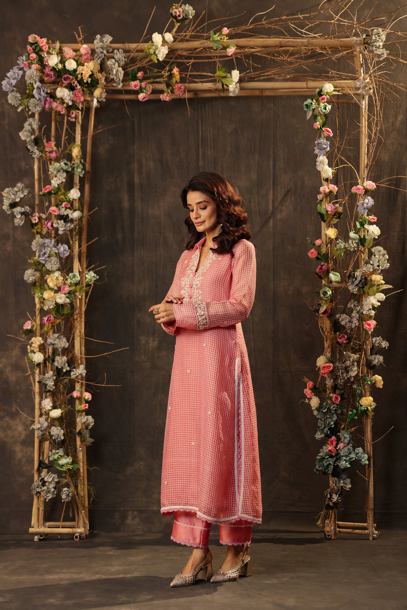 Vaayu Pink Collar Kurta Set silk chanderi , silk tencel kurta/kurta set by Niti Bothra in pink for women in Singapore