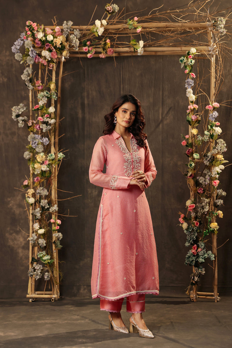Vaayu Pink Collar Kurta Set silk chanderi , silk tencel kurta/kurta set by Niti Bothra in pink for women in Singapore