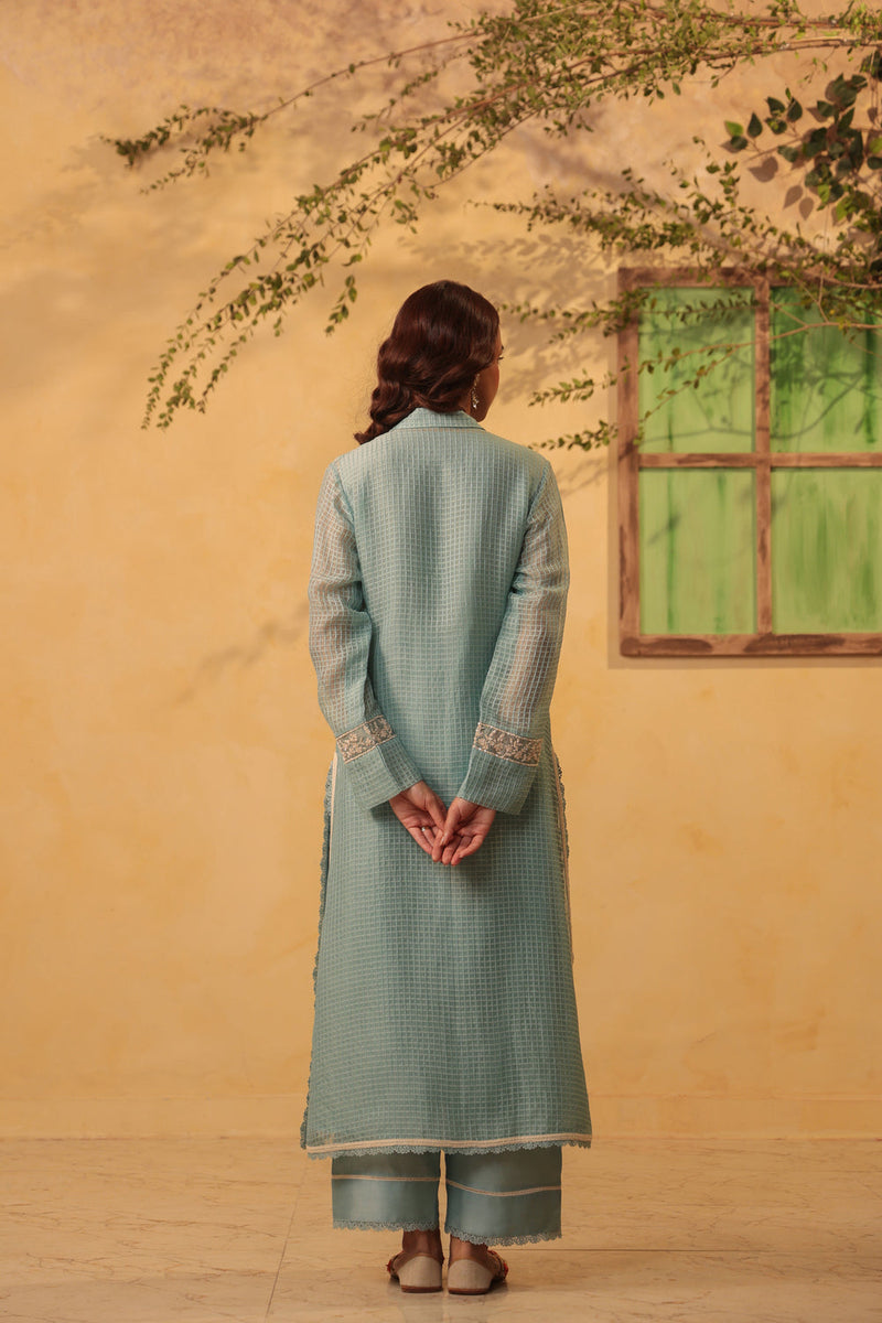 Vaayu Light Blue Collar Kurta Set silk chanderi , silk tencel kurta/kurta set by Niti Bothra in light blue for women in Singapore