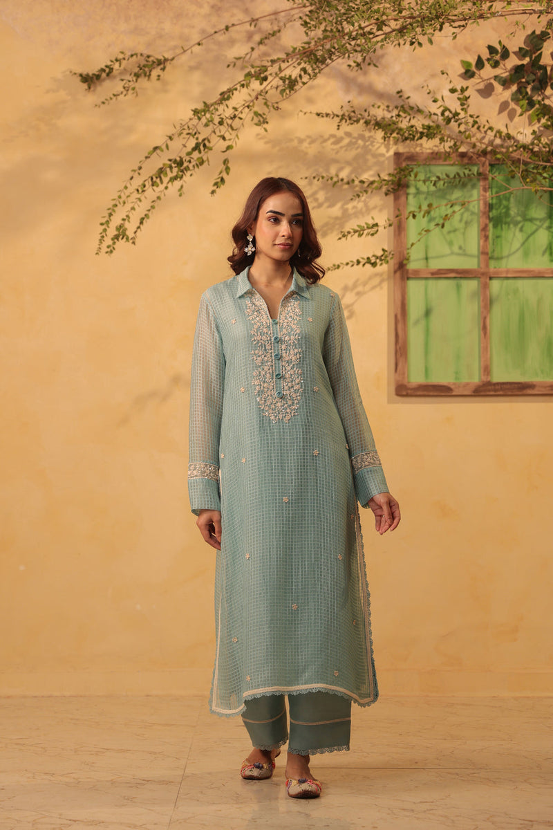 Vaayu Light Blue Collar Kurta Set silk chanderi , silk tencel kurta/kurta set by Niti Bothra in light blue for women in Singapore