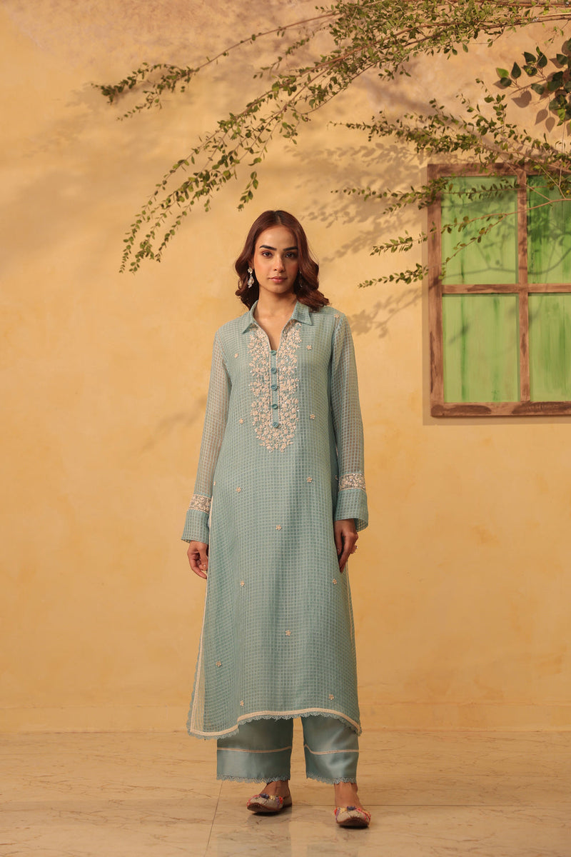 Vaayu Light Blue Collar Kurta Set silk chanderi , silk tencel kurta/kurta set by Niti Bothra in light blue for women in Singapore