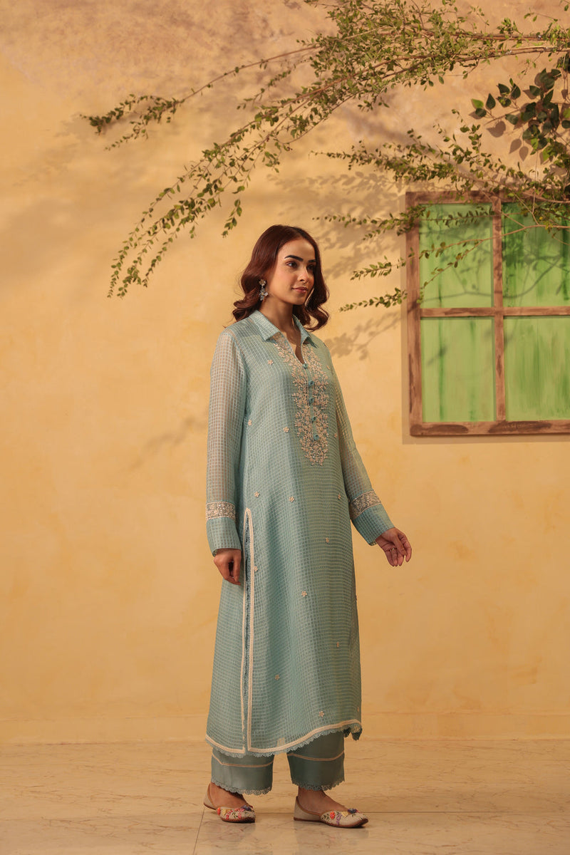 Vaayu Light Blue Collar Kurta Set silk chanderi , silk tencel kurta/kurta set by Niti Bothra in light blue for women in Singapore