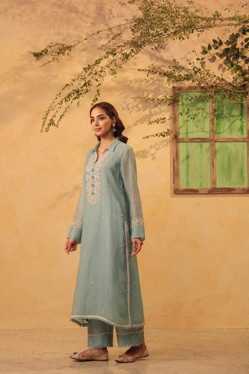 Vaayu Light Blue Collar Kurta Set silk chanderi , silk tencel kurta/kurta set by Niti Bothra in light blue for women in Singapore