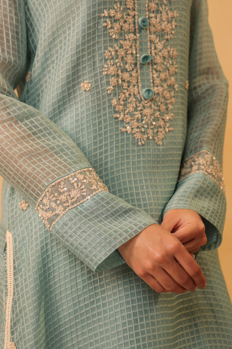 Vaayu Light Blue Collar Kurta Set silk chanderi , silk tencel kurta/kurta set by Niti Bothra in light blue for women in Singapore