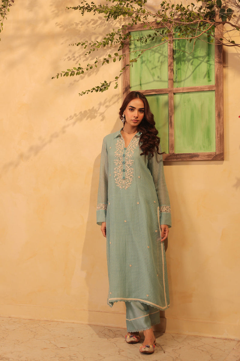 Vaayu Light Blue Collar Kurta Set silk chanderi , silk tencel kurta/kurta set by Niti Bothra in light blue for women in Singapore