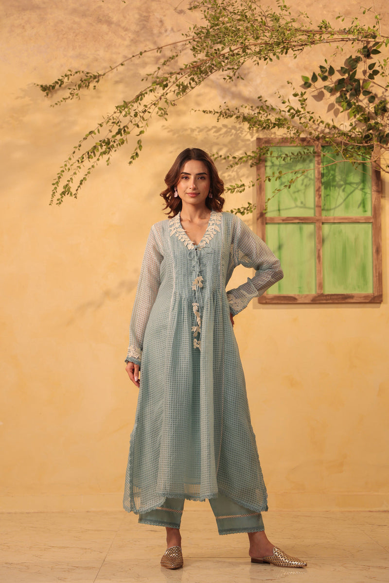 Vaayu Light Blue Collar Kurta Set silk chanderi , silk tencel kurta/kurta set by Niti Bothra in light blue for women in Singapore