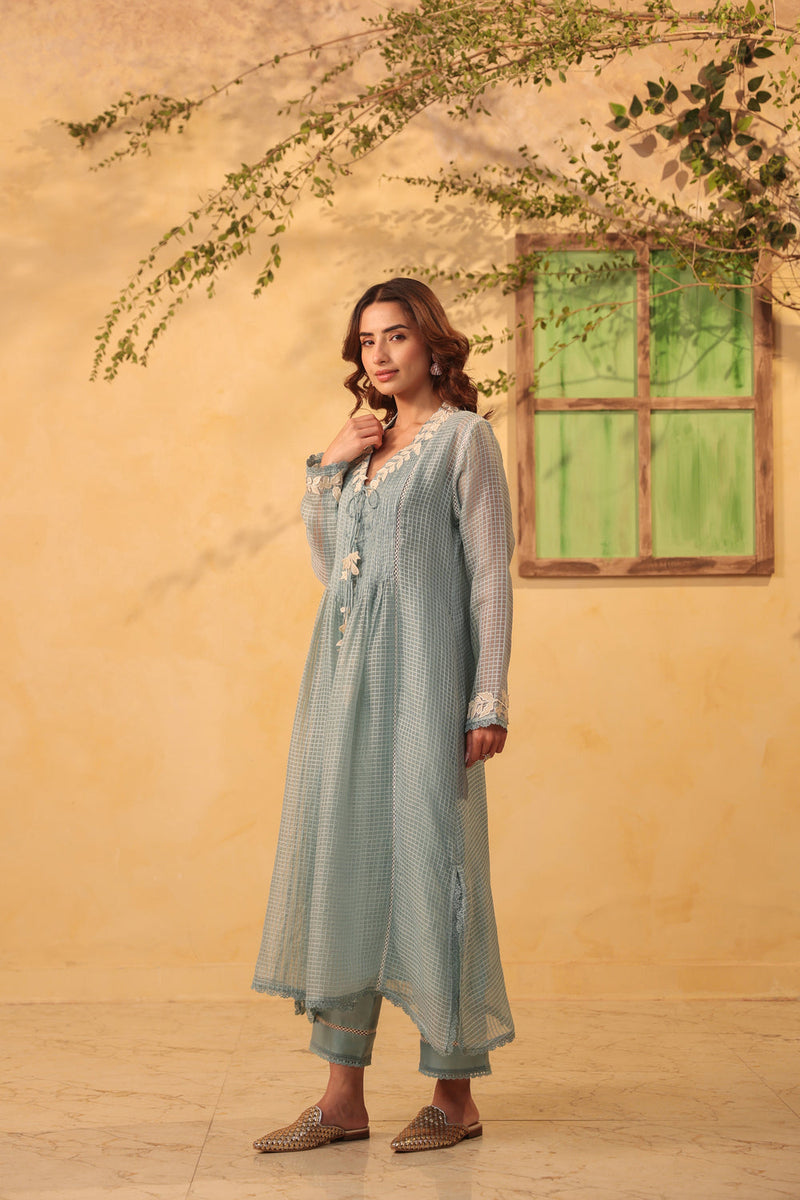 Vaayu Light Blue Tie-up Kurta Set silk chanderi , silk tencel kurta/kurta set by Niti Bothra in light blue for women in Singapore